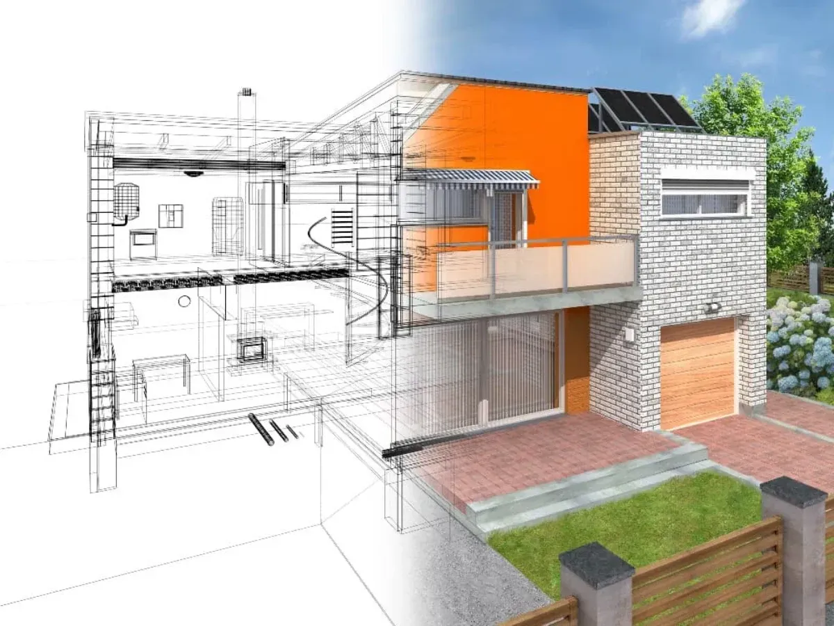 Render de una vivienda en construcción, del plano a la obra terminada